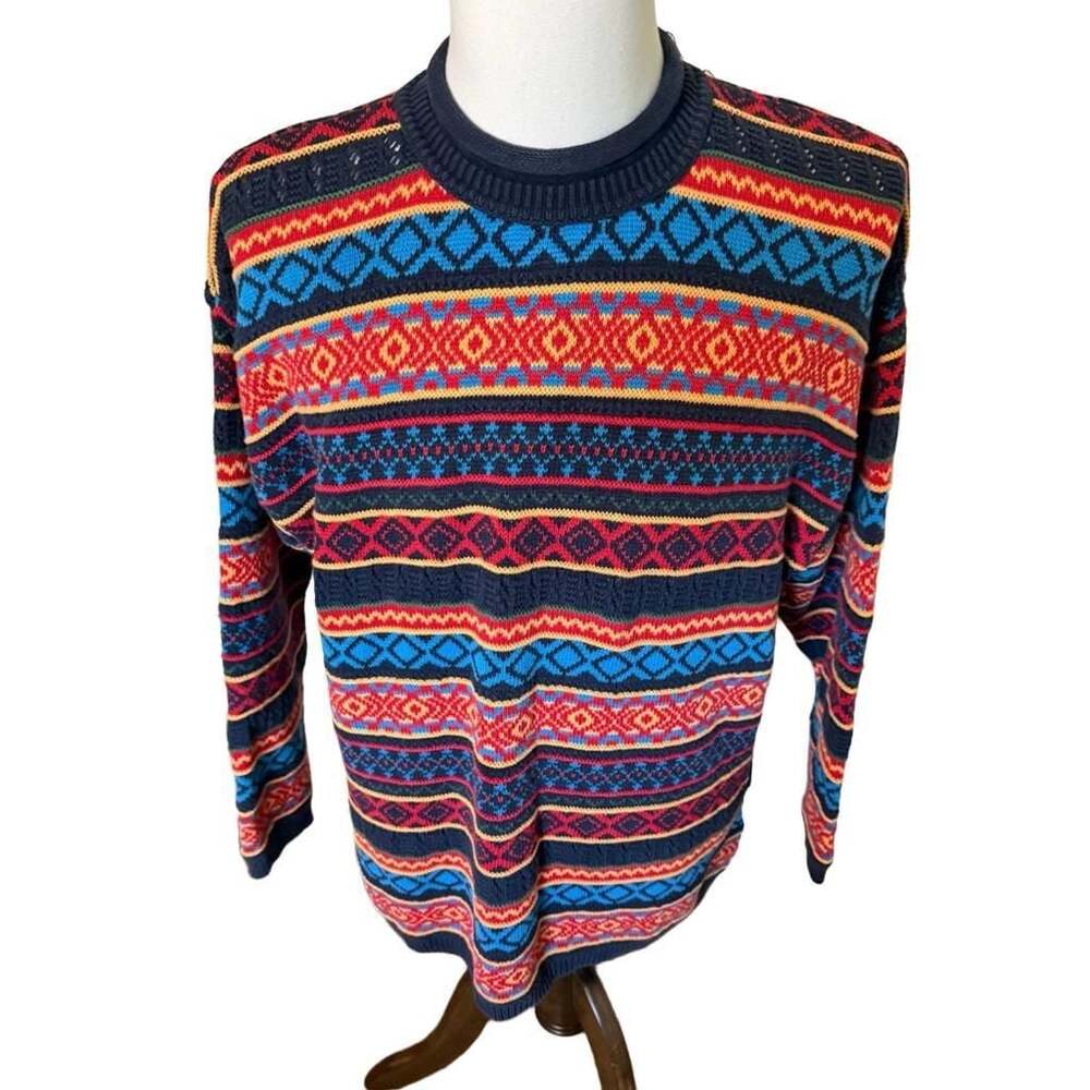 Liz & Co. Vintage 90s Multicolor Fair Isle Geometric Pattern Cotton Crewneck Swe